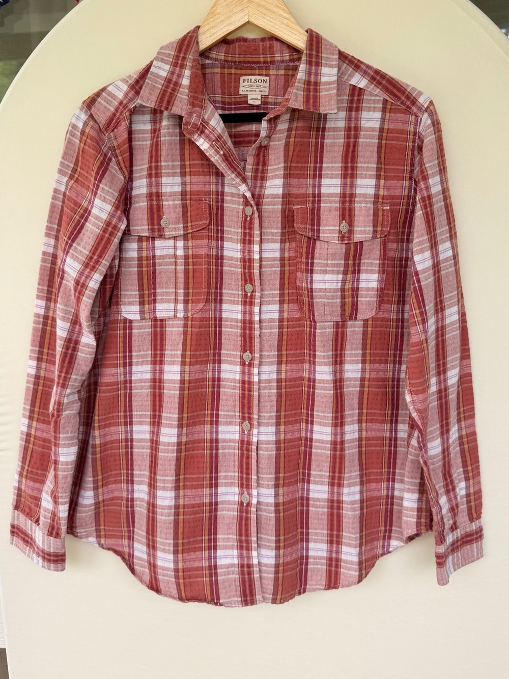 FILSON Women's Plaid Button Down Cotton Linen Shirt Orange Red Cream size XL